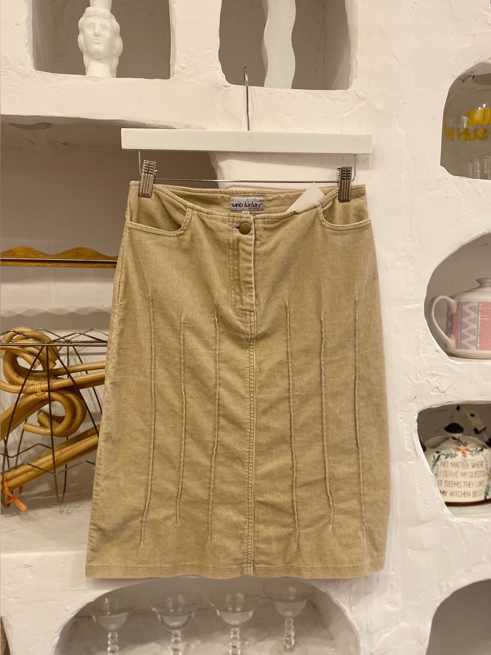 Y2K Vintage Tan Knee Length Cotton Corduroy Skirt with Stretch